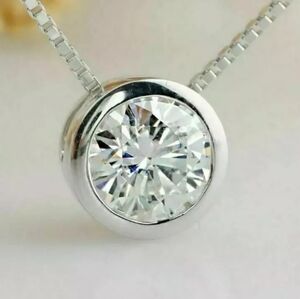 2 CT Round Bezel Set Moissanite Solitaire Pendant Necklace 925 Sterling Silver